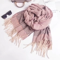 Macro detail of soft striped pink-purple scarf with long tassels and rose styling - 210cmx70cm / Purple Pink