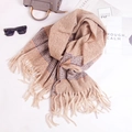 Soft striped beige scarf with tassels styled with fashion sunglasses and a magazine - 210cmx70cm / Camel