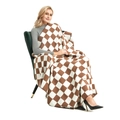 Brown and white checkerboard knit throw blanket with decorative stitched edges - Brown and White Checkerboard