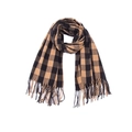 Classic checkered scarf in camel and black plaid pattern with fine fringe detailing - Black Camel