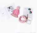 Detail of pink and beige patchwork knitted hat and neck warmer set for kids - Hat and Neck Warmer Pink Set