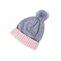 Detail of gray and pink knit beanie with a fluffy faux fur pom-pom on white background - Hat Grey and Pink