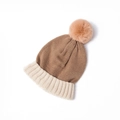 Detail of color-block knit hat with ribbed cuff and fluffy faux fur pompom for kids - Hat Camel and Beige
