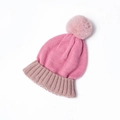 Winter knit hat with a pink pom-pom and contrasting color block design for kids - Hat Pink and Nude Pink