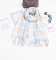 Detail of soft blue and beige plaid scarf with handmade twisted fringe tassels - 200x65cm / Blue Plaid
