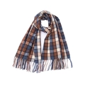 Classic plaid scarf with brown, blue, and cream tassels in a soft knit finish - Blue