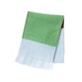 Macro detail of tricolor mohair scarf with green, blue, brown stripes and white fringe - Green