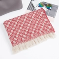 Red and white checkered knitted scarf with fringe tassels shown on a flat layout - Red