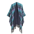Reversible blue and purple plaid shawl with fringe tassels and soft knit texture - 150cm / Navy Blue