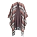 Reversible check poncho wrap for women with red and grey plaid pattern and grey fringe - 150cm / 04# Coffee