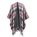 Plaid tassel poncho in pink and grey knit, reversible design with fringe details - 150cm / 05# Grey & Pink
