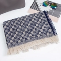 Sciarpa a scacchi blu e beige con nappe a frangia e finitura in tessuto a trama - Blu Notte