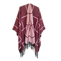 Women's burgundy and pink plaid knit shawl with tassels and cross-grid pattern - Burgundy