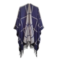 Navy blue and grey plaid shawl with black fringe tassel detail in a split design - Navy Blue