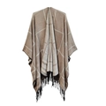 Women's plaid tassel poncho in brown and white checkered pattern with black fringe - Khaki