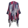 Women's burgundy and navy plaid knit poncho wrap with elegant black tassel fringe - Large Plaid Tassel Shawl (SH18-03) / Navy Red