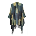Women's plaid tassel poncho shawl in dark green, ginger yellow and navy blue squares - Vintage British Plaid Shawl (SH18-06) / Green