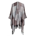 Women's plaid tassel poncho shawl in dark brown, light grey and beige color block design - Color Block Plaid Shawl (SH18-04) / Khaki