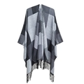 Grey plaid women's shawl poncho featuring fringe tassels and thick cashmere-like fabric - Tassel Gradient Plaid Shawl (SH18-01) / Gray