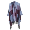 Poncho femme à carreaux géométriques violet foncé et bleu avec détails de franges - Rouge Vin & Gris