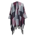 Poncho à carreaux bordeaux et gris avec finitions à franges et maille douce - Noir Rouge