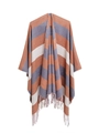 Poncho in maglia da donna con strisce color block blu grigio e rosso mattone e frange - 150x130cm / A Righe Arancione