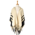 Beige hooded poncho cape with black striped patterns and fringe tassels decoration - Beige