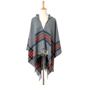 Poncho à capuche gris foncé style cachemire avec rayures classiques et franges - Gris