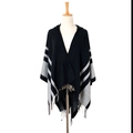 Hooded knit poncho cape in black and grey stripes with fringe tassels and V-neckline - Black