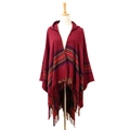 Women's wine red hooded poncho with multi-color stripes and long tassels on white background - Burgundy