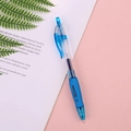 Minimalist blue retractable gel pen with translucent barrel on aesthetic pink background - Blue