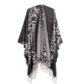 Women's leopard print shawl with fringe in shades of grey and white knit fabric - SH14-1 Black Leopard