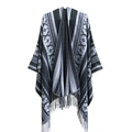 Ethnic geometric jacquard poncho shawl with fringe in shades of grey and charcoal - 150x130cm / Ethnic Black (SH7-01)