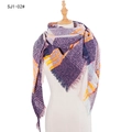 Plaid shawl scarf in purple, orange, and yellow with frayed tassel trim on a mannequin - British Plaid Patchwork (Purple/Orange/Yellow) / Purple (SJ1-02#)