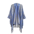 Blue and grey geometric jacquard poncho with elegant long fringe tassels for women - 150x130cm / Ethnic Sky Blue (SH7-02)