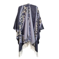 Women's dark blue leopard print poncho shawl with vintage tassel trim detail - SH14-5 Blue Leopard
