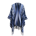 Ethnic geometric jacquard poncho with blue and grey stripes and fringed hem design - 150x130cm / Ethnic Dark Blue (SH7-03)