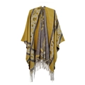 Women's knit poncho with yellow and grey leopard print patterns and white fringe - SH14-6 Yellow Leopard
