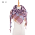 Plaid knitted infinity scarf in purple with blue accents and frayed fringe edges - Purple