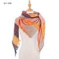 Thick orange checkered triangle scarf with soft fringe edges and boucle yarn texture - British Plaid Patchwork (Orange/Brown/Purple) / Orange (SJ1-05#)