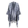 Ethnic geometric knit poncho shawl with fringe in grey and white gradient pattern - 150x130cm / Ethnic Gray (SH7-05)