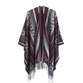 Burgundy geometric jacquard knit poncho with fringe hem in vintage bohemian style - 150x130cm / Ethnic Wine Red (SH7-06)
