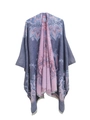 Ethnic geometric jacquard poncho shawl with gray-blue mandala pattern and fringe trim - 150x130cm / Mandala Gray (SH3-02)