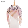 Pink and brown plaid knit scarf with neon accents and short fringe on a white background - Light Pink