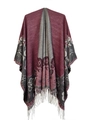 Women's leopard jacquard shawl with fringe hem in deep burgundy and grey split tones - SH15-3 Wine Red Jacquard