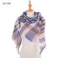Plaid scarf in light purple and beige with colorful dots on a mannequin display - Blue