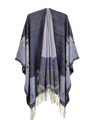 Purple knitted shawl poncho with floral jacquard pattern and cream tassel fringe - SH15-6 Blue Jacquard