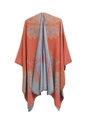 Ethnic knit shawl with paisley floral patterns in brick red and blue with fringe edges - 150x130cm / Mandala Orange (SH3-04)