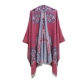 Bohemian geometric knit shawl in deep burgundy with fringe and vintage floral patterns - 150x130cm / Mandala Rose Red (SH3-06)