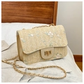 Borsa a tracolla in paglia intrecciata beige con ricamo floreale e chiusura dorata - Cachi